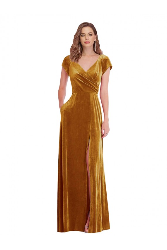 Cap Sleeves V-Neck Stretch Velvet Gold Long Formal Evening Gown / Prom Dress / Bridesmaid Dress Cardiff