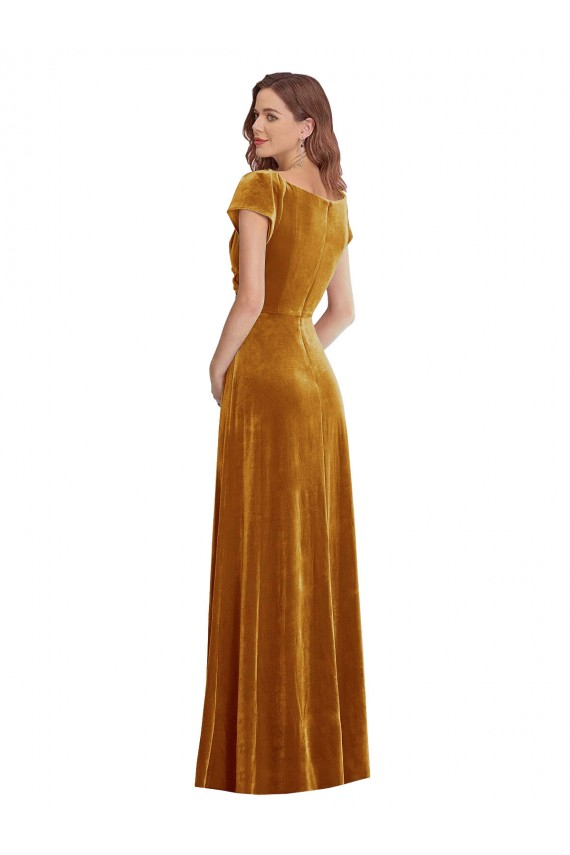 Cap Sleeves V-Neck Stretch Velvet Gold Long Formal Evening Gown / Prom Dress / Bridesmaid Dress Cardiff