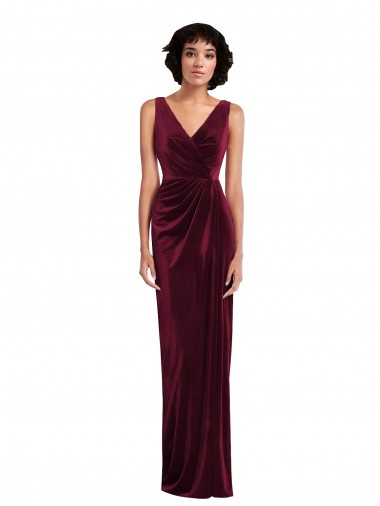 Sleeveless V-Neck Stretch Velvet Burgundy Long Semi Formal Evening Dress / Prom Dress / Bridesmaid Dress Cardiff