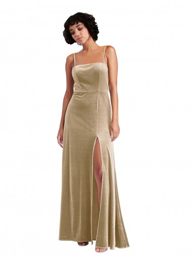 Sleeveless Square Neck Stretch Velvet Champagne Long Formal Evening Gown / Prom Dress / Bridesmaid Dress Cardiff