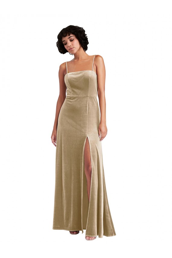 Sleeveless Square Neck Stretch Velvet Champagne Long Formal Evening Gown / Prom Dress / Bridesmaid Dress Cardiff