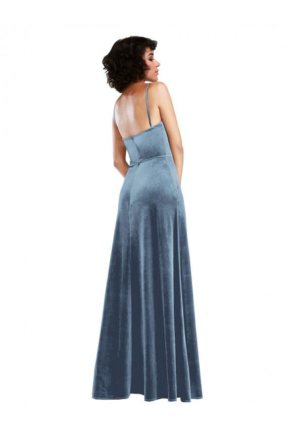 Sleeveless Cowl Neck Stretch Velvet Dusty Blue Long Semi Formal Evening Dress / Prom Dress / Bridesmaid Dress Cardiff