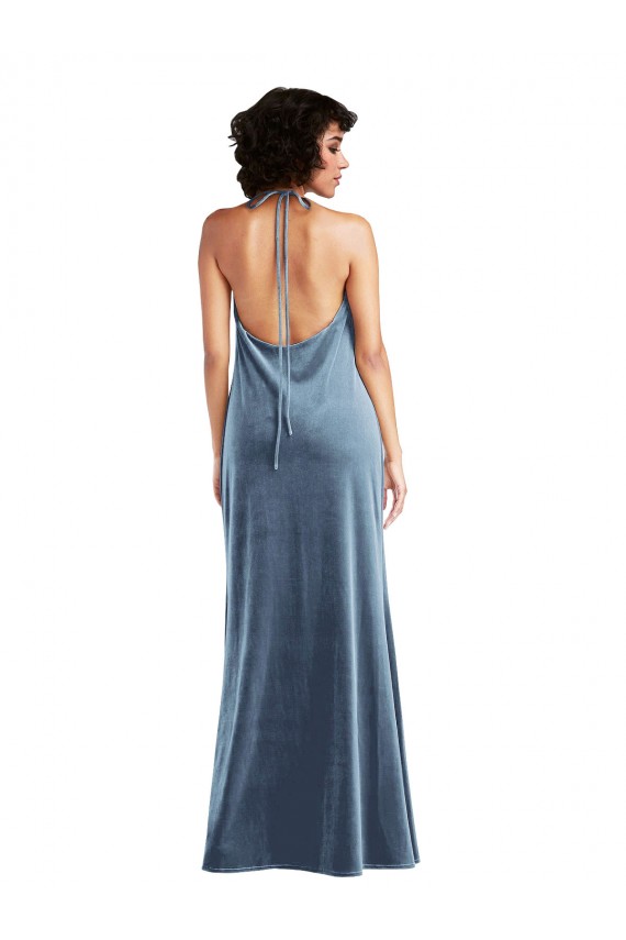 Sleeveless Cowl Neck Stretch Velvet Dusty Blue Long Bridesmaid Dress / Evening Dress Cardiff