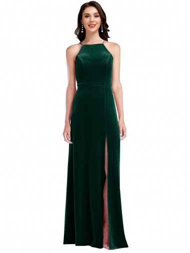 Sleeveless High Neck Stretch Velvet Dark Green Long Semi Formal Evening Dress / Prom Dress / Bridesmaid Dress Cardiff
