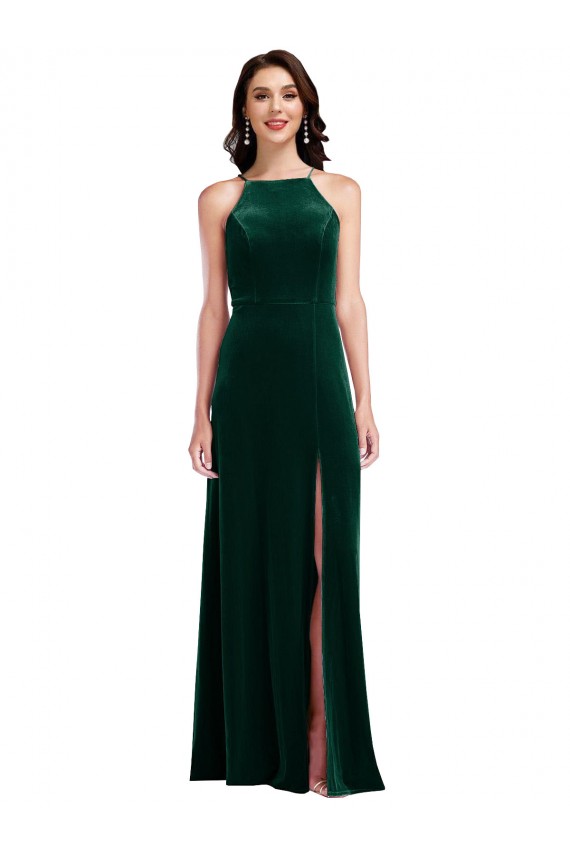Sleeveless High Neck Stretch Velvet Dark Green Long Semi Formal Evening Dress / Prom Dress / Bridesmaid Dress Cardiff