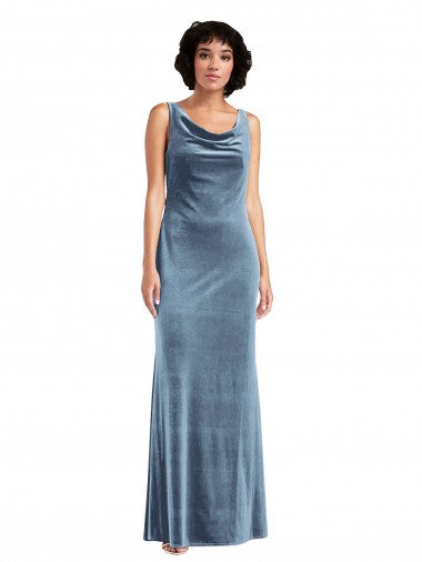 Sleeveless Cowl Neck Stretch Velvet Dusty Blue Long Evening Dress / Bridesmaid Dress Cardiff