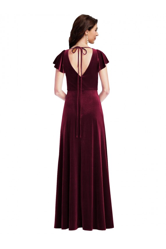 Flutter Sleeves V-Neck Stretch Velvet Burgundy Long Semi Formal Evening Dress / Prom Dress / Bridesmaid Dress Cardiff