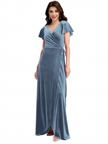Flutter Sleeves V-Neck Stretch Velvet Dusty Blue Long Black Tie Evening Gown / Prom Dress / Bridesmaid Dress Cardiff
