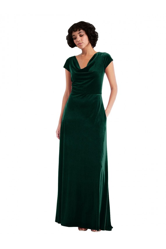 Cap Sleeves Cowl Neck Stretch Velvet Dark Green Long Black Tie Evening Gown / Prom Dress / Bridesmaid Dress Cardiff