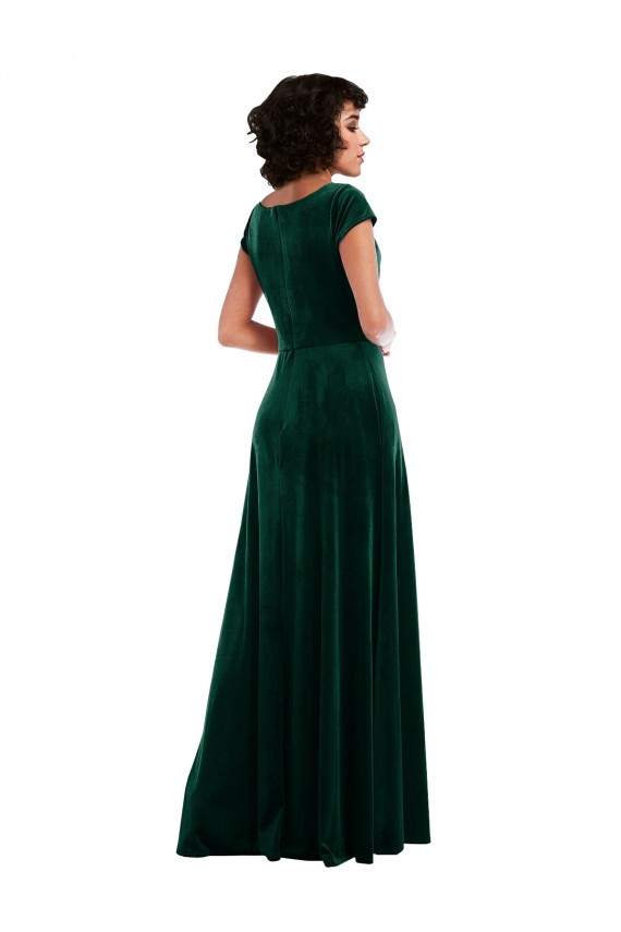 Cap Sleeves Cowl Neck Stretch Velvet Dark Green Long Black Tie Evening Gown / Prom Dress / Bridesmaid Dress Cardiff