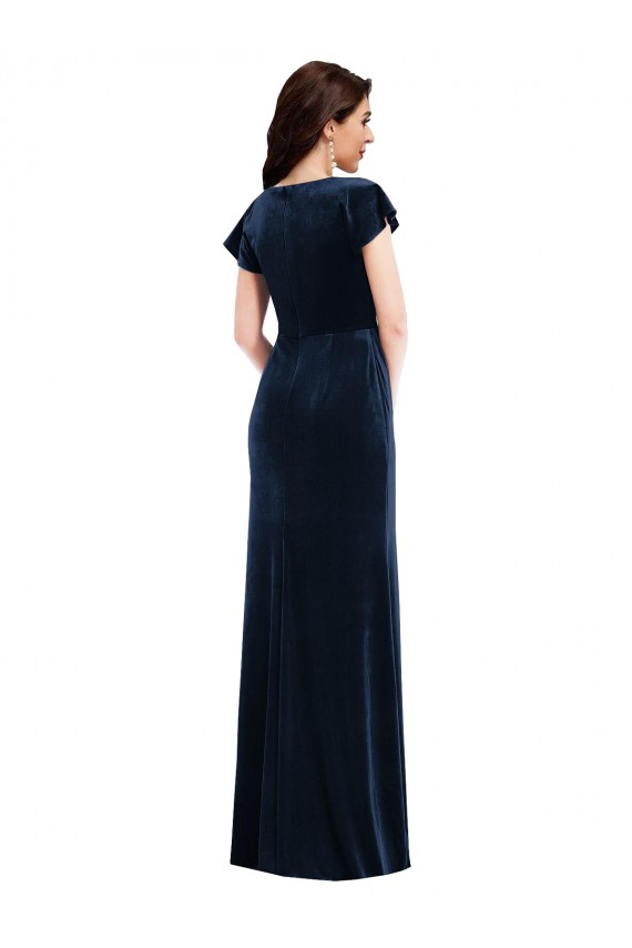 Flutter Sleeves V-Neck Stretch Velvet Dark Navy Long Formal Dress / Bridesmaid Dress Cardiff
