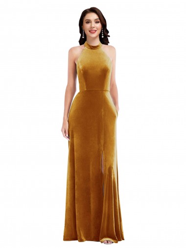 Sleeveless High Neck Stretch Velvet Gold Long Semi Formal Evening Dress / Prom Dress / Bridesmaid Dress Cardiff