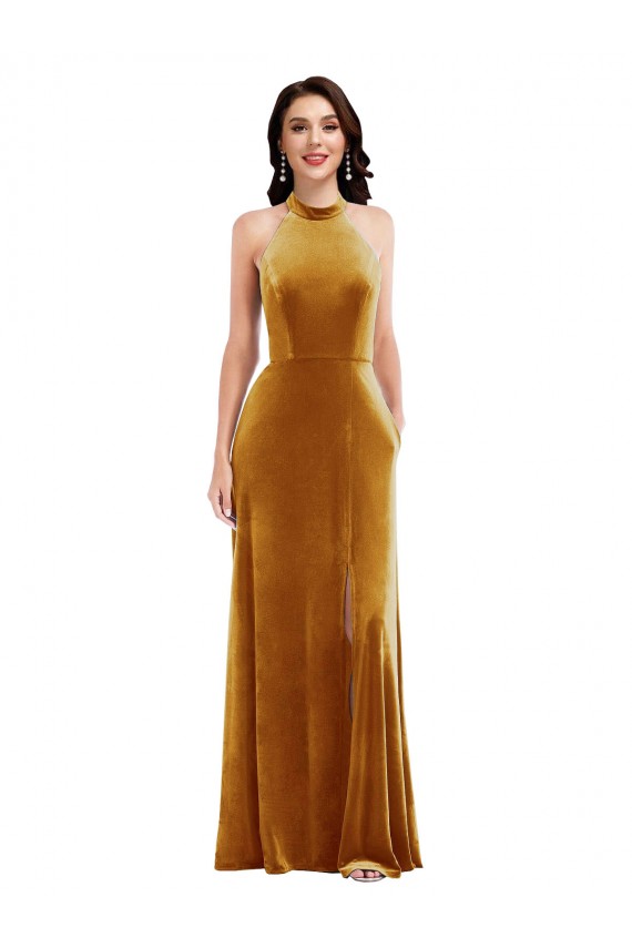 Sleeveless High Neck Stretch Velvet Gold Long Semi Formal Evening Dress / Prom Dress / Bridesmaid Dress Cardiff