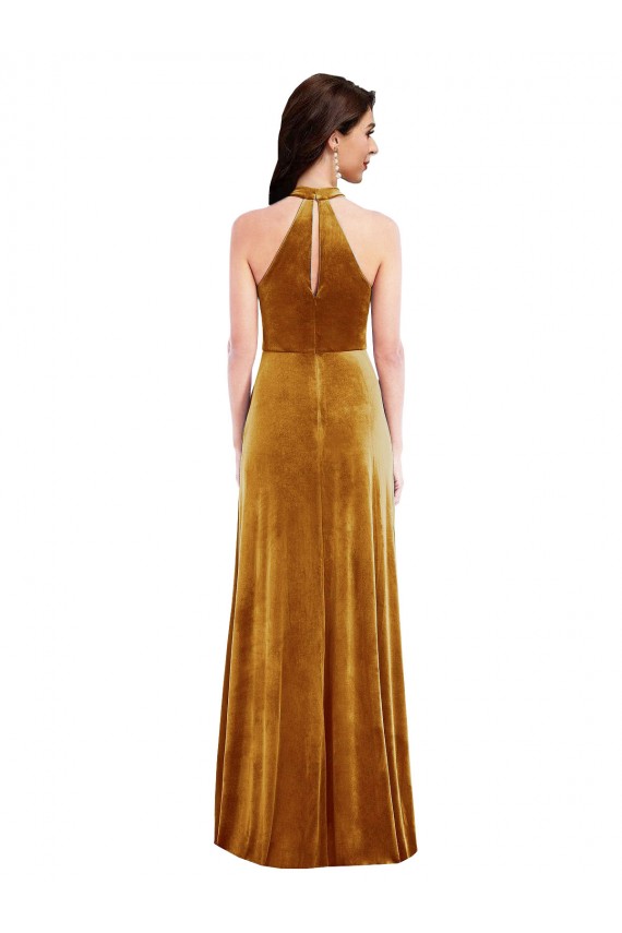 Sleeveless High Neck Stretch Velvet Gold Long Semi Formal Evening Dress / Prom Dress / Bridesmaid Dress Cardiff