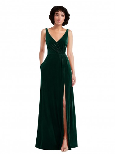 Sleeveless V-Neck Stretch Velvet Dark Green Long Bridesmaid Dress / Evening Dress Cardiff