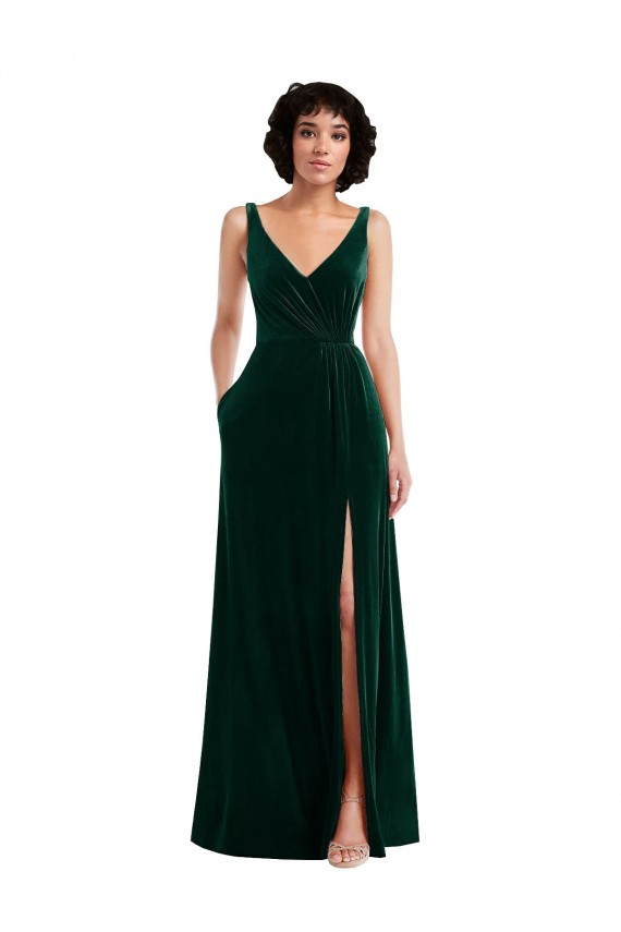 Sleeveless V-Neck Stretch Velvet Dark Green Long Bridesmaid Dress / Evening Dress Cardiff