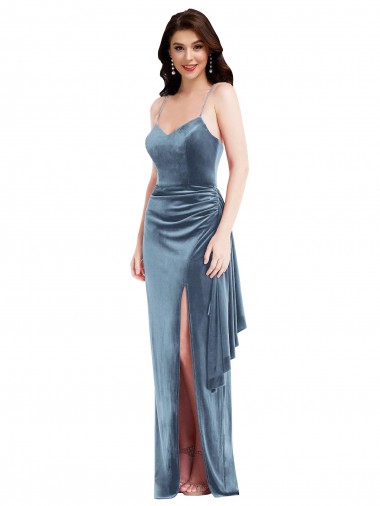 Sleeveless Sweetheart Stretch Velvet Dusty Blue Long Formal Evening Gown / Prom Dress / Bridesmaid Dress Cardiff