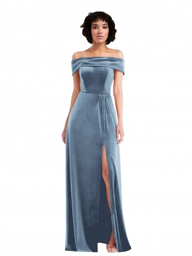 Sleeveless Off the Shoulder Stretch Velvet Dusty Blue Long Semi Formal Evening Dress / Prom Dress / Bridesmaid Dress Cardiff