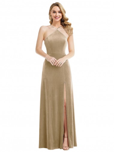 Sleeveless High Neck Stretch Velvet Champagne Long Semi Formal Evening Dress / Prom Dress / Bridesmaid Dress Cardiff