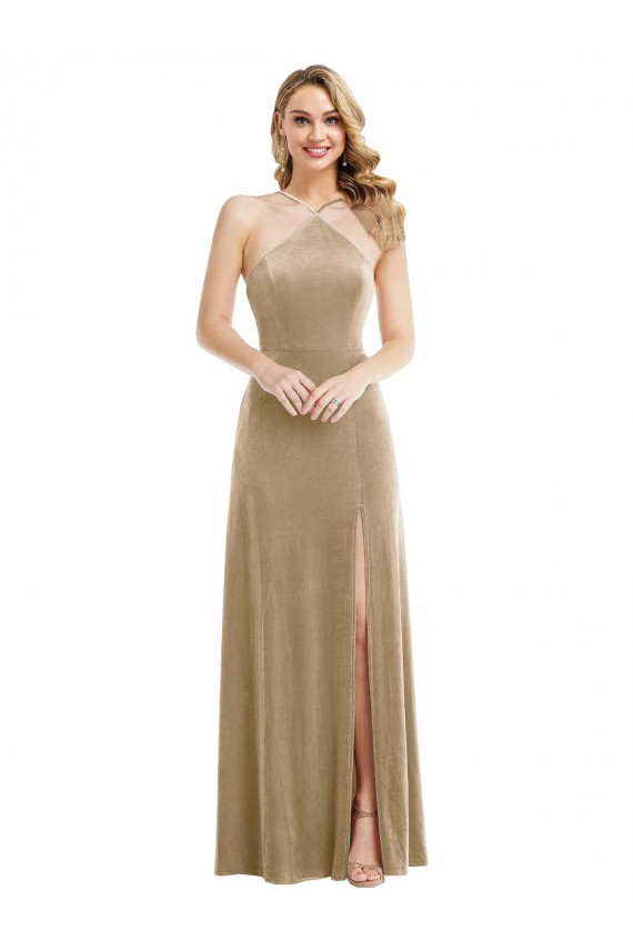Sleeveless High Neck Stretch Velvet Champagne Long Semi Formal Evening Dress / Prom Dress / Bridesmaid Dress Cardiff