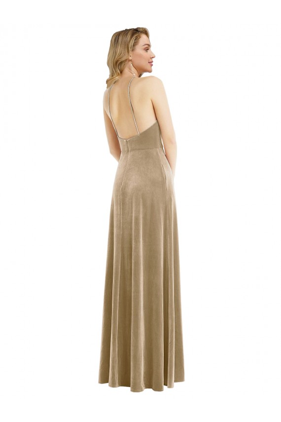 Sleeveless High Neck Stretch Velvet Champagne Long Semi Formal Evening Dress / Prom Dress / Bridesmaid Dress Cardiff