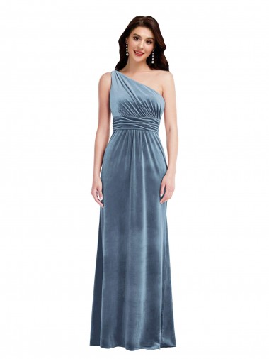 Sleeveless Off the Shoulder Stretch Velvet Dusty Blue Long Bridesmaid Dress / Evening Dress Cardiff