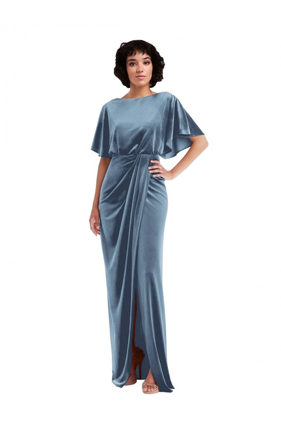 Flutter Sleeves Stretch Velvet Dusty Blue Long Semi Formal Evening Dress / Prom Dress / Bridesmaid Dress Cardiff