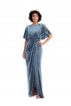Flutter Sleeves Stretch Velvet Dusty Blue Long Semi Formal Evening Dress / Prom Dress / Bridesmaid Dress Cardiff