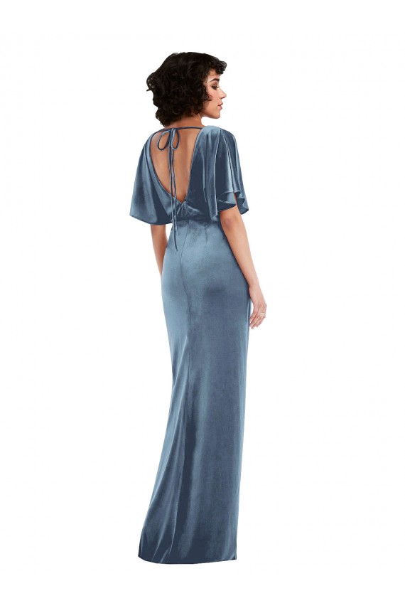 Flutter Sleeves Stretch Velvet Dusty Blue Long Semi Formal Evening Dress / Prom Dress / Bridesmaid Dress Cardiff