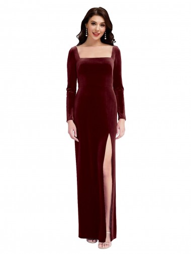 Long Sleeves Square Neck Stretch Velvet Burgundy Long Prom Dress / Bridesmaid Dress Cardiff