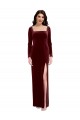 Long Sleeves Square Neck Stretch Velvet Burgundy Long Prom Dress / Bridesmaid Dress Cardiff