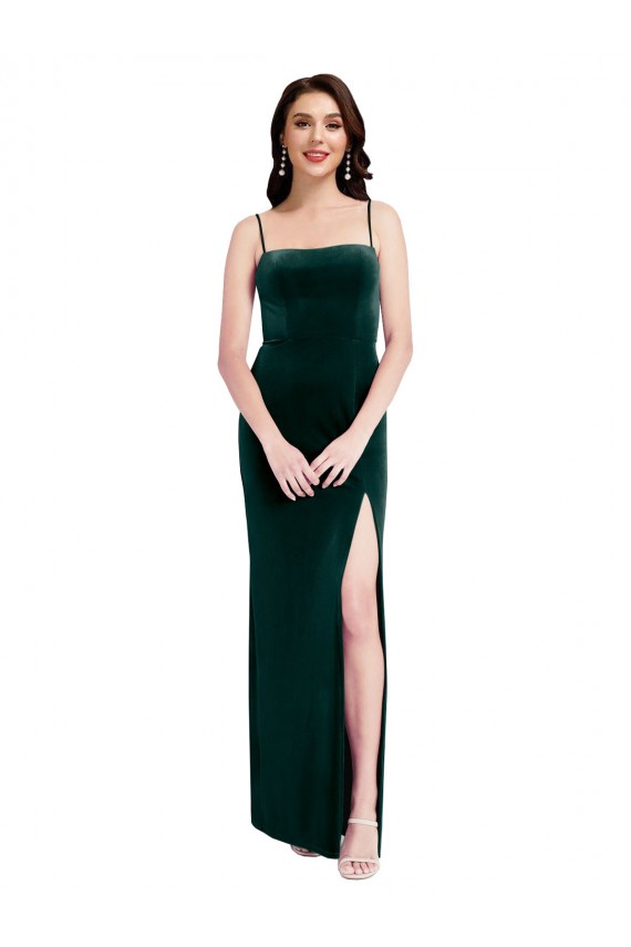 Sleeveless Square Neck Stretch Velvet Dark Green Sheath Long Prom Dress / Bridesmaid Dress Cardiff