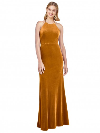 Sleeveless High Neck Stretch Velvet Gold Long Formal Evening Gown / Prom Dress / Bridesmaid Dress Cardiff