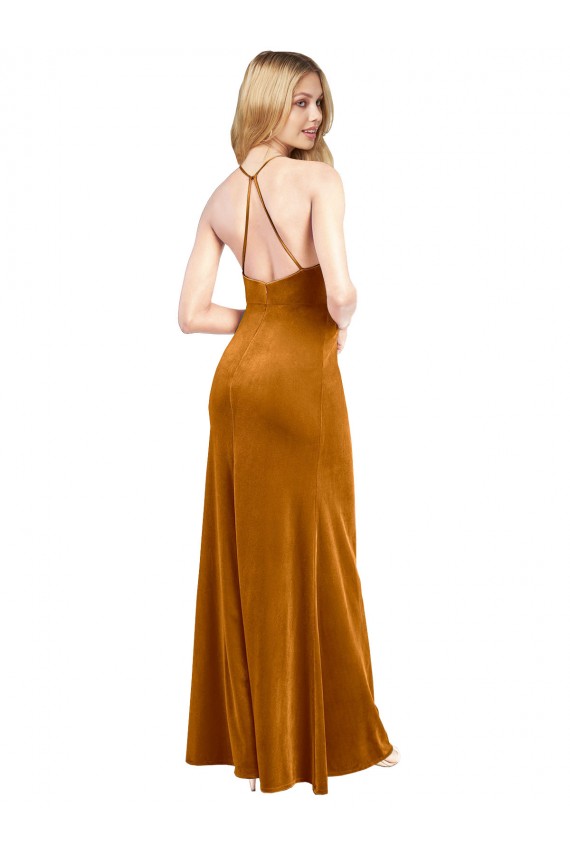 Sleeveless High Neck Stretch Velvet Gold Long Formal Evening Gown / Prom Dress / Bridesmaid Dress Cardiff