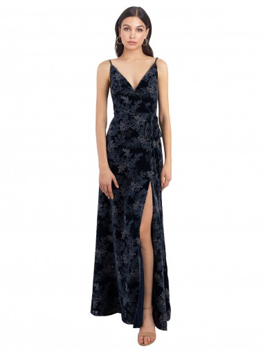 Sleeveless V-Neck Floral Velvet & Stretch Velvet Dark Navy Long Bridesmaid Dress Cardiff