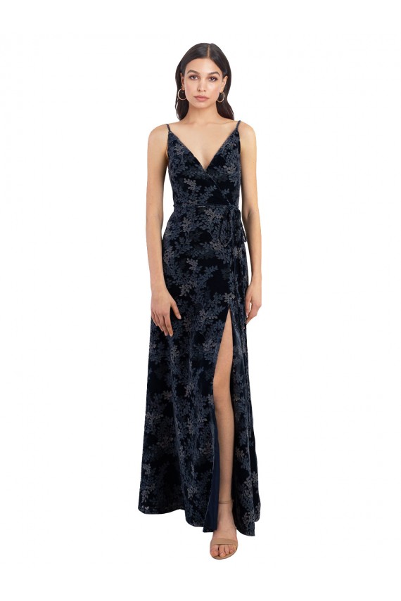 Sleeveless V-Neck Floral Velvet & Stretch Velvet Dark Navy Long Bridesmaid Dress Cardiff