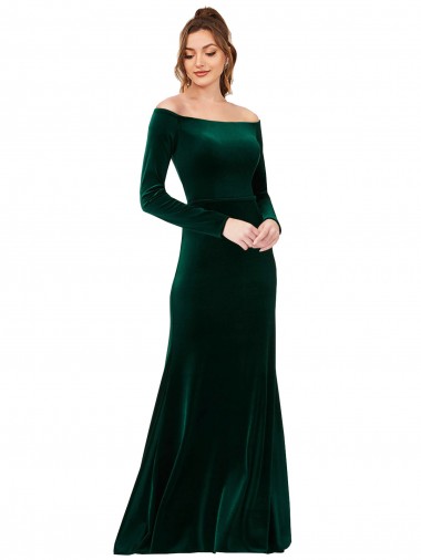 Long Sleeves Off the Shoulder Stretch Velvet Dark Green Long Formal Evening Gown / Prom Dress / Bridesmaid Dress Cardiff
