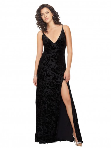 Sleeveless V-Neck Floral Velvet & Stretch Velvet Black Long Bridesmaid Dress Cardiff