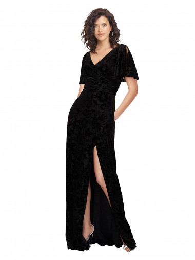 Short Split Sleeves V-Neck Floral Velvet & Stretch Velvet Black Long Bridesmaid Dress Cardiff