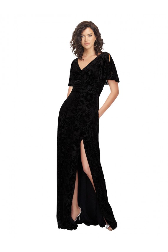 Short Split Sleeves V-Neck Floral Velvet & Stretch Velvet Black Long Bridesmaid Dress Cardiff