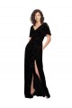Short Split Sleeves V-Neck Floral Velvet & Stretch Velvet Black Long Bridesmaid Dress Cardiff