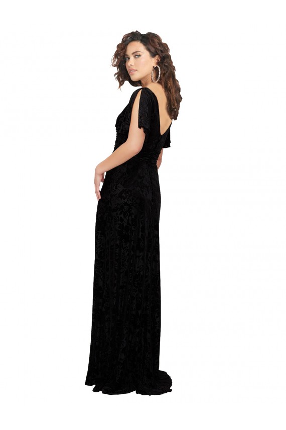 Short Split Sleeves V-Neck Floral Velvet & Stretch Velvet Black Long Bridesmaid Dress Cardiff