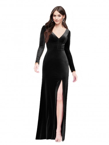 Long Sleeves V-Neck Stretch Velvet Black Long Formal Evening Gown / Prom Dress / Bridesmaid Dress Cardiff