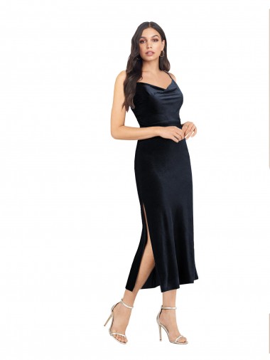 Sleeveless Cowl Neck Stretch Velvet Dark Navy Midi Length Formal Evening Gown / Prom Dress / Bridesmaid Dress Cardiff