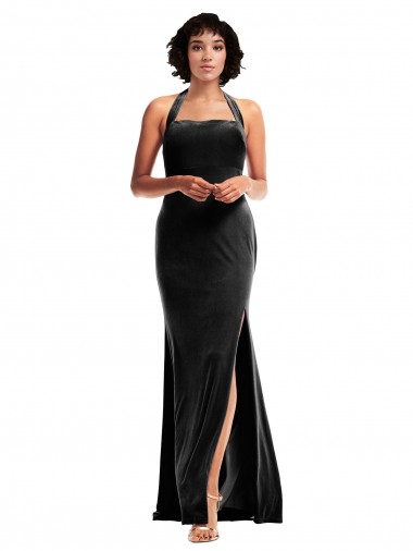 Sleeveless Halter Neck Stretch Velvet Black Long Formal Evening Gown / Prom Dress / Bridesmaid Dress Cardiff