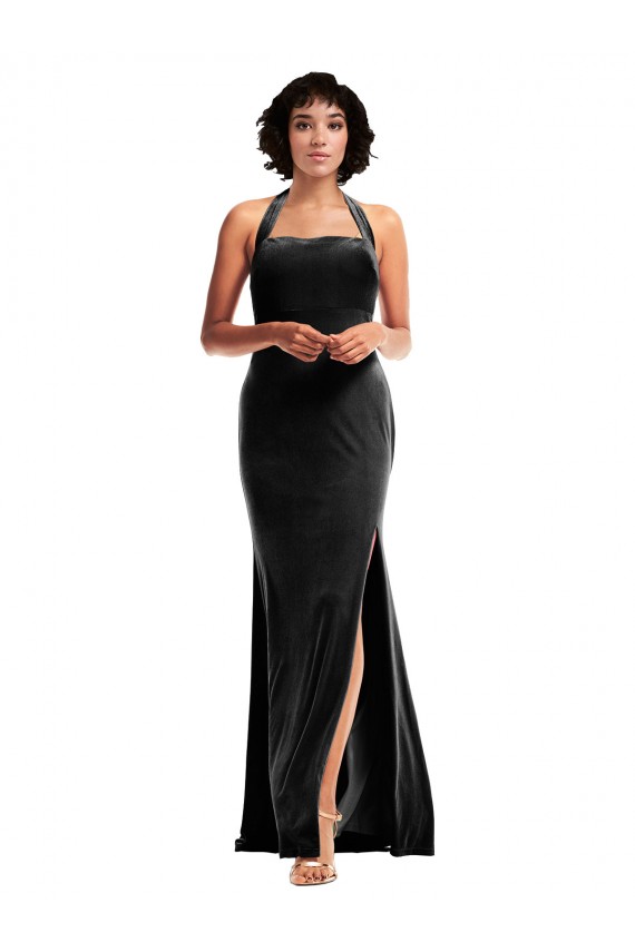 Sleeveless Halter Neck Stretch Velvet Black Long Formal Evening Gown / Prom Dress / Bridesmaid Dress Cardiff