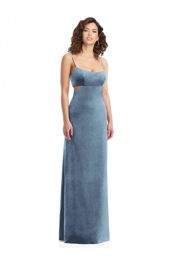 Sleeveless Square Neck Stretch Velvet Dusty Blue Long Formal Evening Gown / Prom Dress / Bridesmaid Dress Cardiff