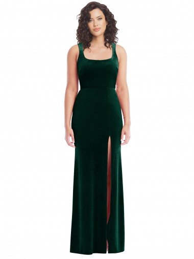 Sleeveless Square Neck Stretch Velvet Dark Green Long Semi Formal Evening Dress / Prom Dress / Bridesmaid Dress Cardiff