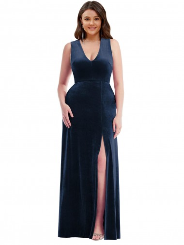 Sleeveless V-Neck Stretch Velvet Dark Navy Long Formal Plus Size Evening Gown / Prom Dress / Bridesmaid Dress Cardiff