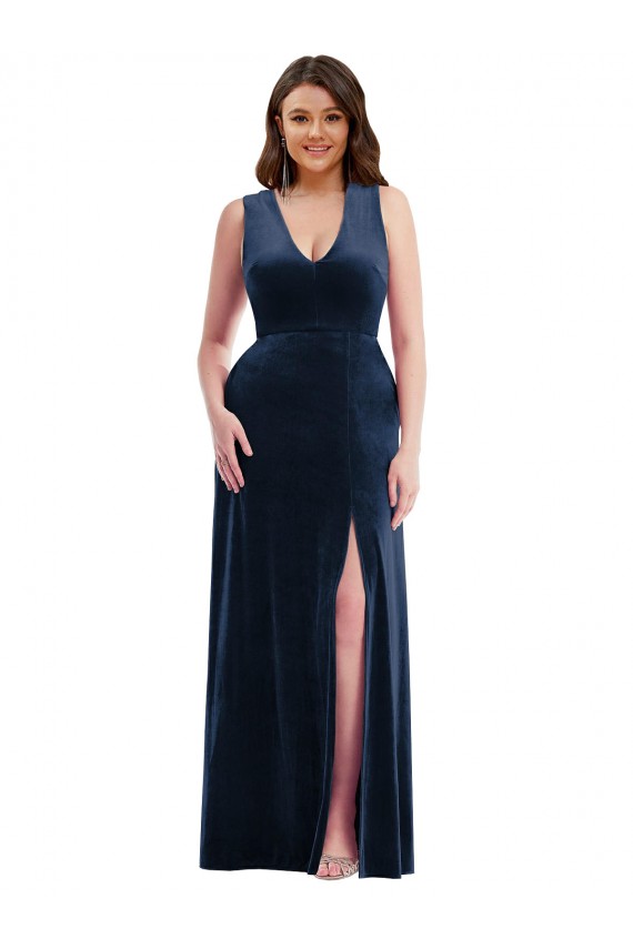Sleeveless V-Neck Stretch Velvet Dark Navy Long Formal Plus Size Evening Gown / Prom Dress / Bridesmaid Dress Cardiff